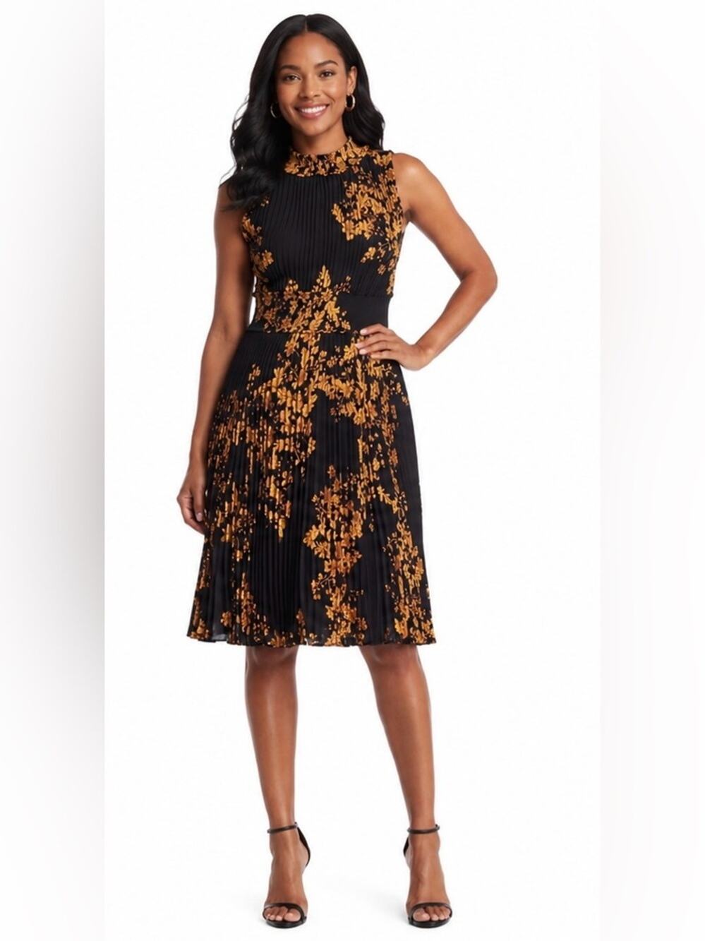 NEW w/TAGS! Nanette Lepore Sleeveless Black and Gold Floral Pleated Dress, 12